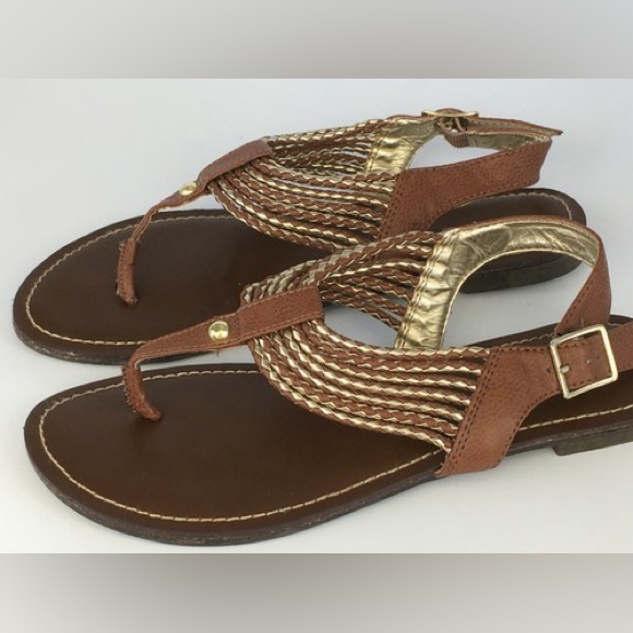 Merona Brown Gold Braided Boho Strappy Flat Sandals Women’s 11 - Picture 2 of 10